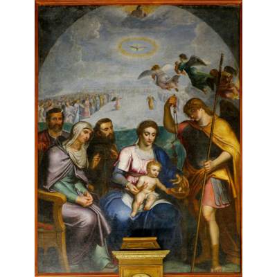  Tableau du 17 ème représentant la Sainte famille et la pesée des âmes